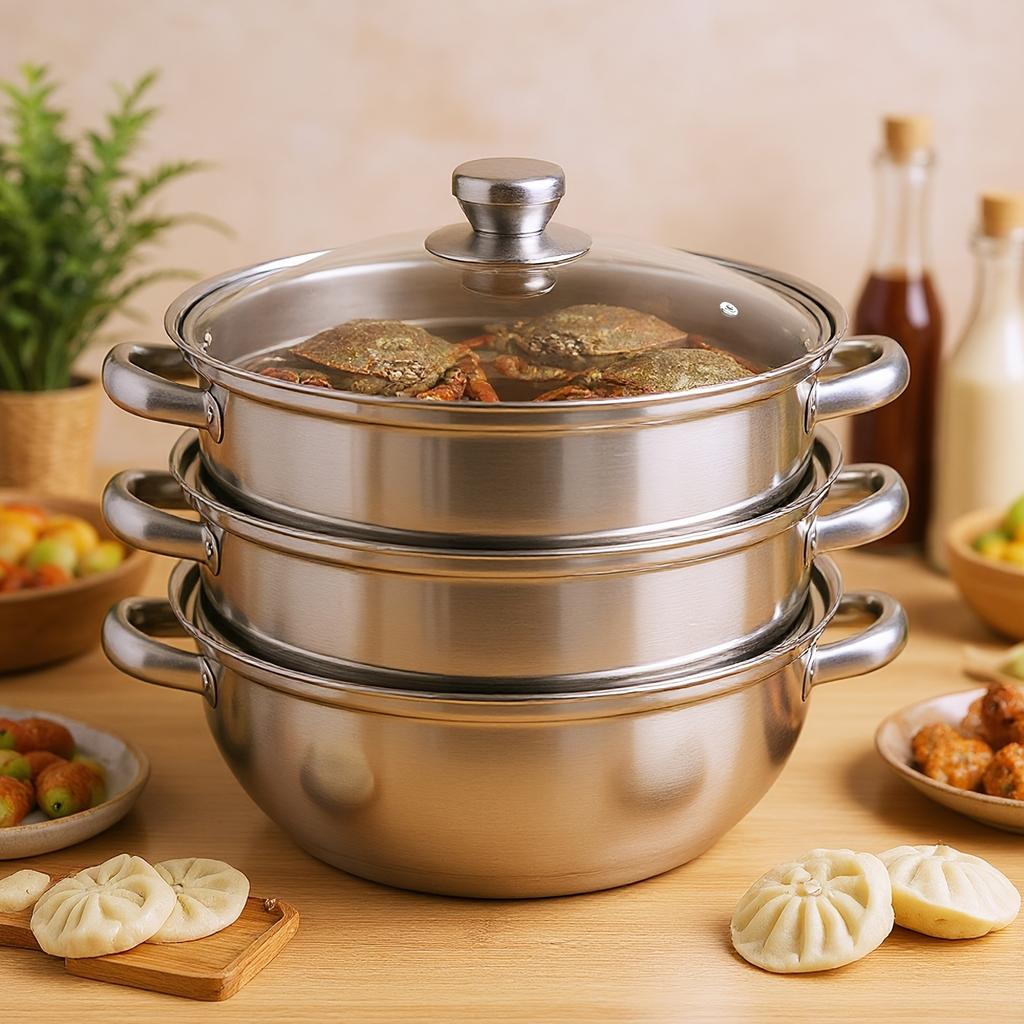 28cm Three-Layer Stainless Steel Soup Steamer | 410 Stainless Steel, Silver, with Transparent Lid, 32.5 * 25cm/12.8 * 9.84in