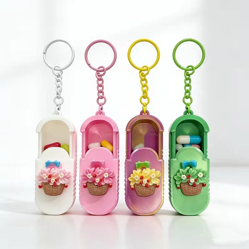 Waterproof Keychain Pill Organizer Tulip Pattern Portable Compact Pill Case Small for Outdoor Activities Daily Medication Carry