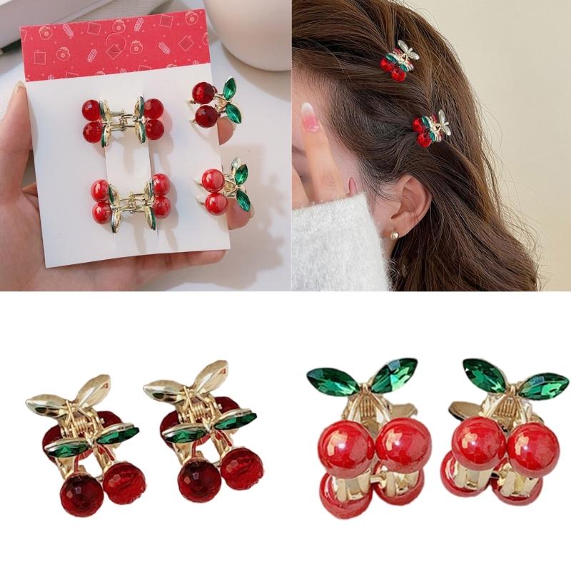 Pack of 2 Small Cherry Rhinestones Hair Claw Clip Elegant Metal Grip Side Claw Clip for Women and Kids Everyday Wear