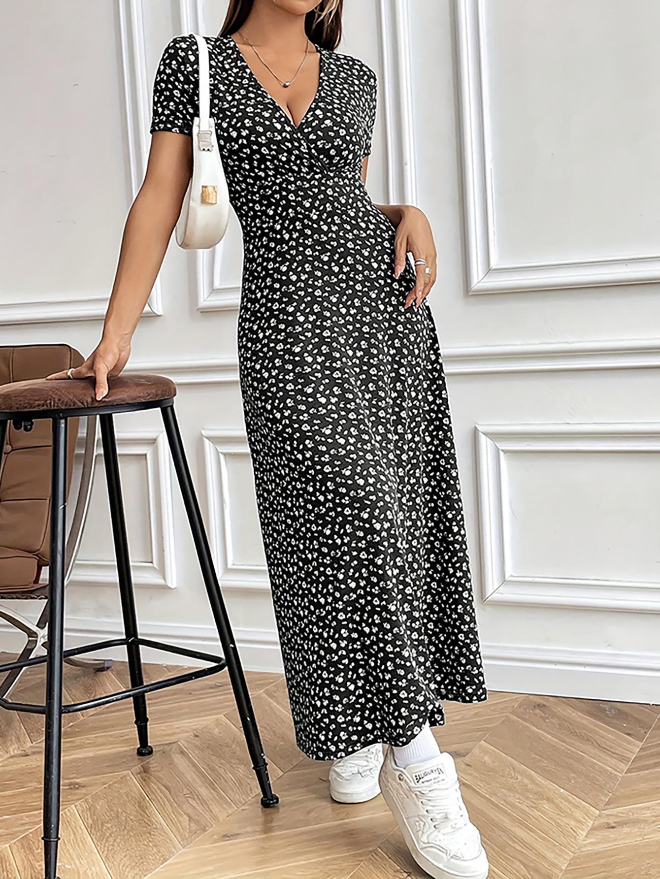 

T9121 European and American Women s Fashion Small Floral V-Neck Mid-Length Dress XL чёрный