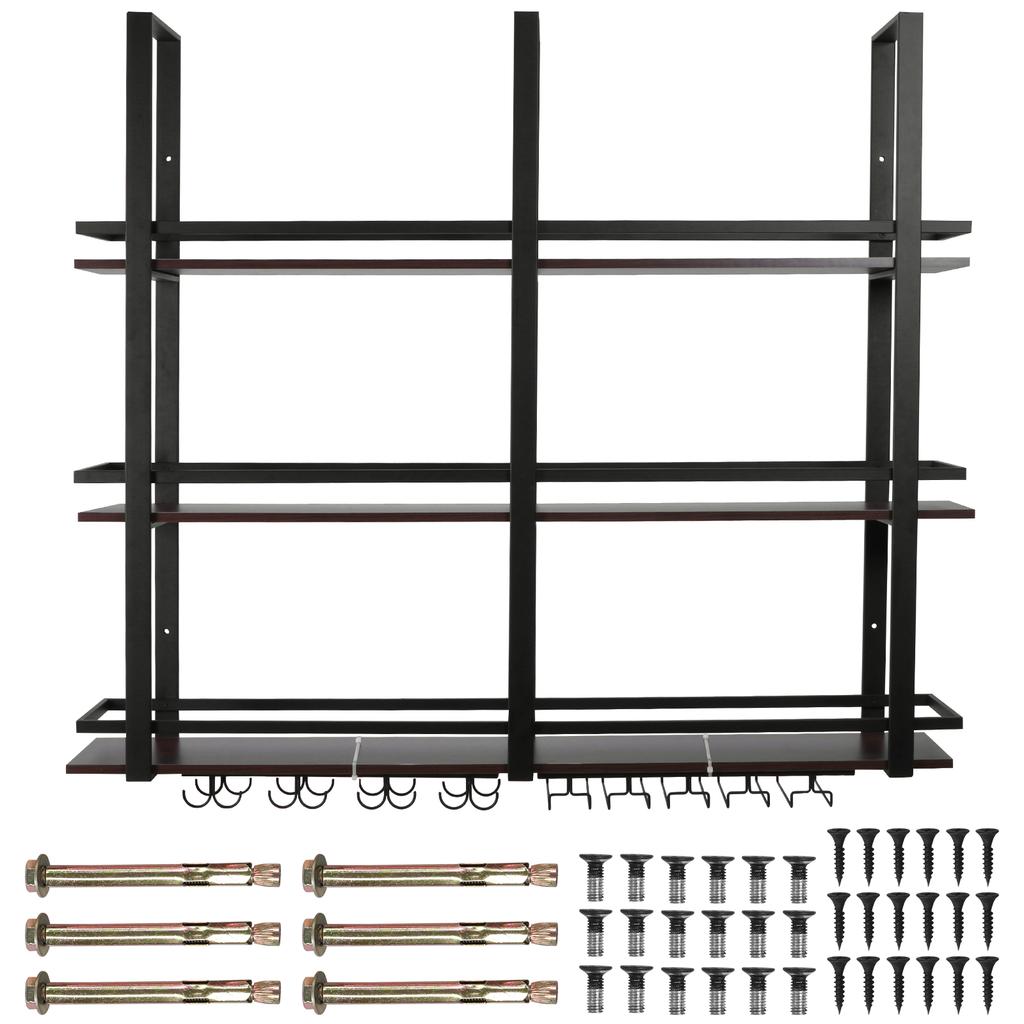 3 Tier Wall Mounted Bar Shelves Metal Hanging Wine Storage Rack Display with Glass Holder for Kitchen Dining Room Home Decor