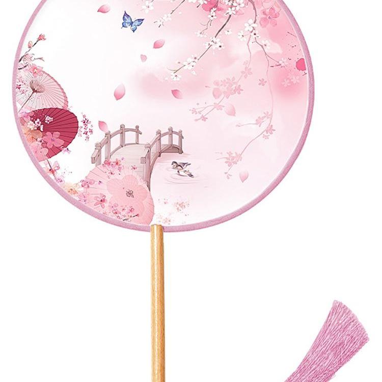 Girls' Summer Hanfu Dance Fan: Long Handle, Double-Sided Embroidered Round Fan for Traditional Costume