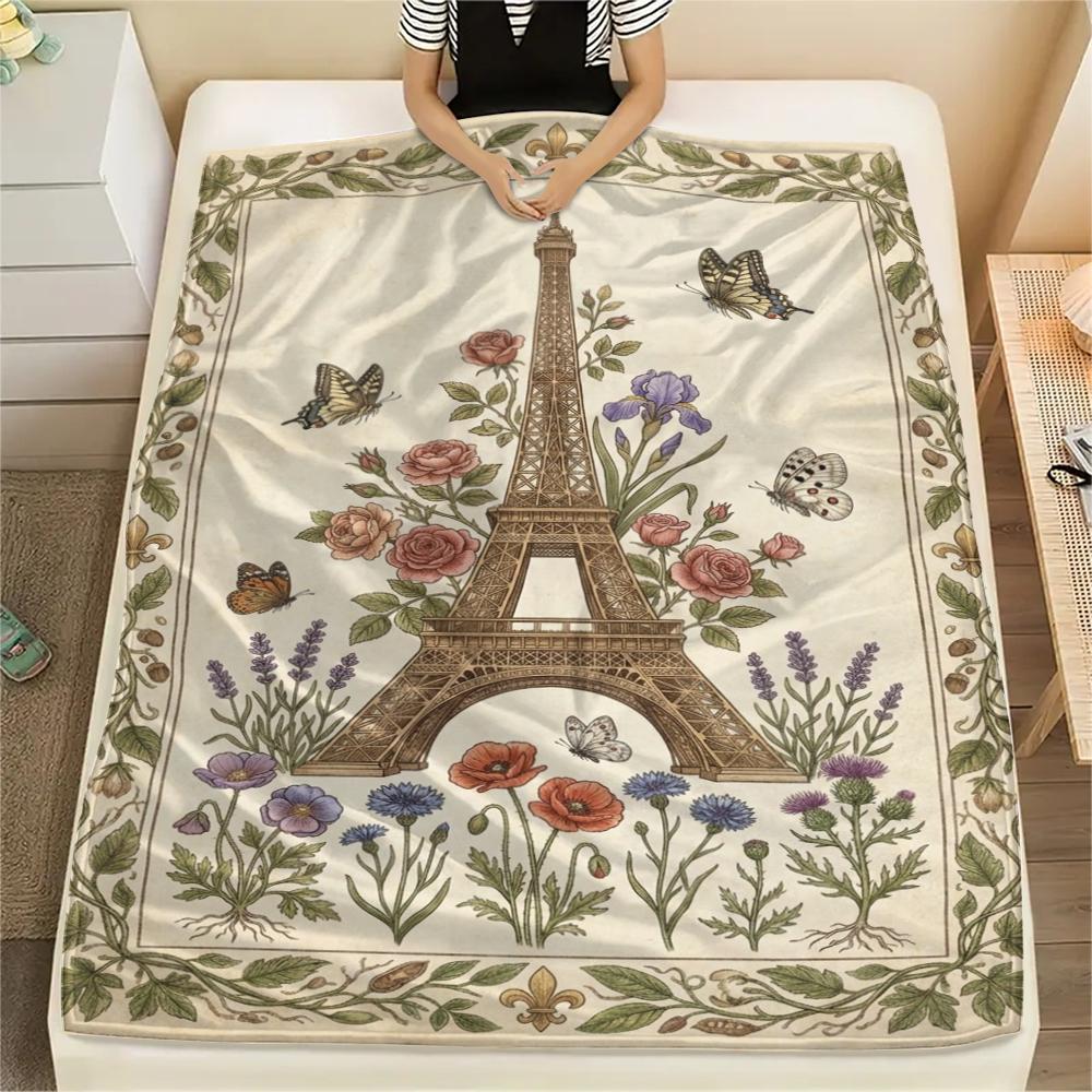 Paris Eiffel Tower Print Flannel Blanket, High Quality Comfortable for All Seasons, Home Decor, Warmth and Comfort, Perfect for Christmas Gifts95