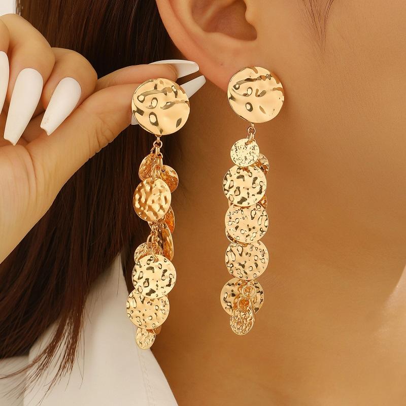 Vintage Metal Round Long Pendant Earrings for Women Personality Gold Color Disc Tassel Dangling Earrings Jewelry Accessories