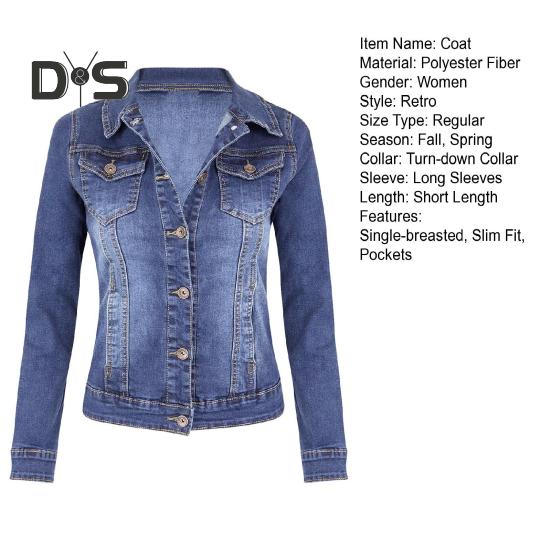 Damen Jeansjacke Retro Einreihig Slim Fit Umlegekragen Lange Ärmel Einfarbige Klappentaschen Damenmantel Pendler-Einkaufsjacke