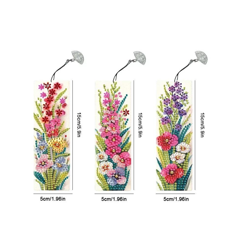 3Pcs Special Shape Flower Diamond Bookmark Art Projects Diamond Painting Bookmark Making Kit Diamond Art Bookmark with Pendant