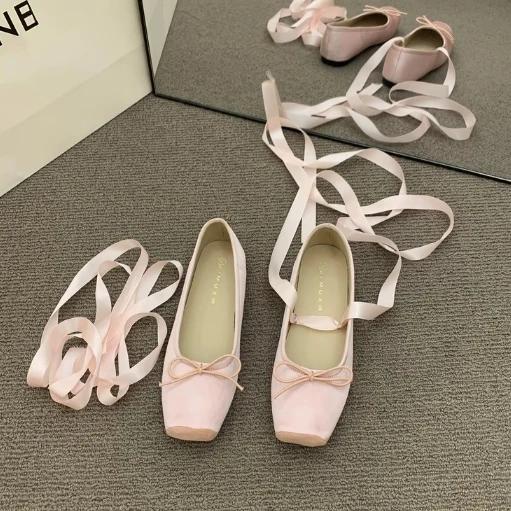 New Women's Flat Footwear Pink Ballet Women Single Shoes Fashion Lace Up Girl Mary Jane Shoes Sweet Flowers Ladies Spring