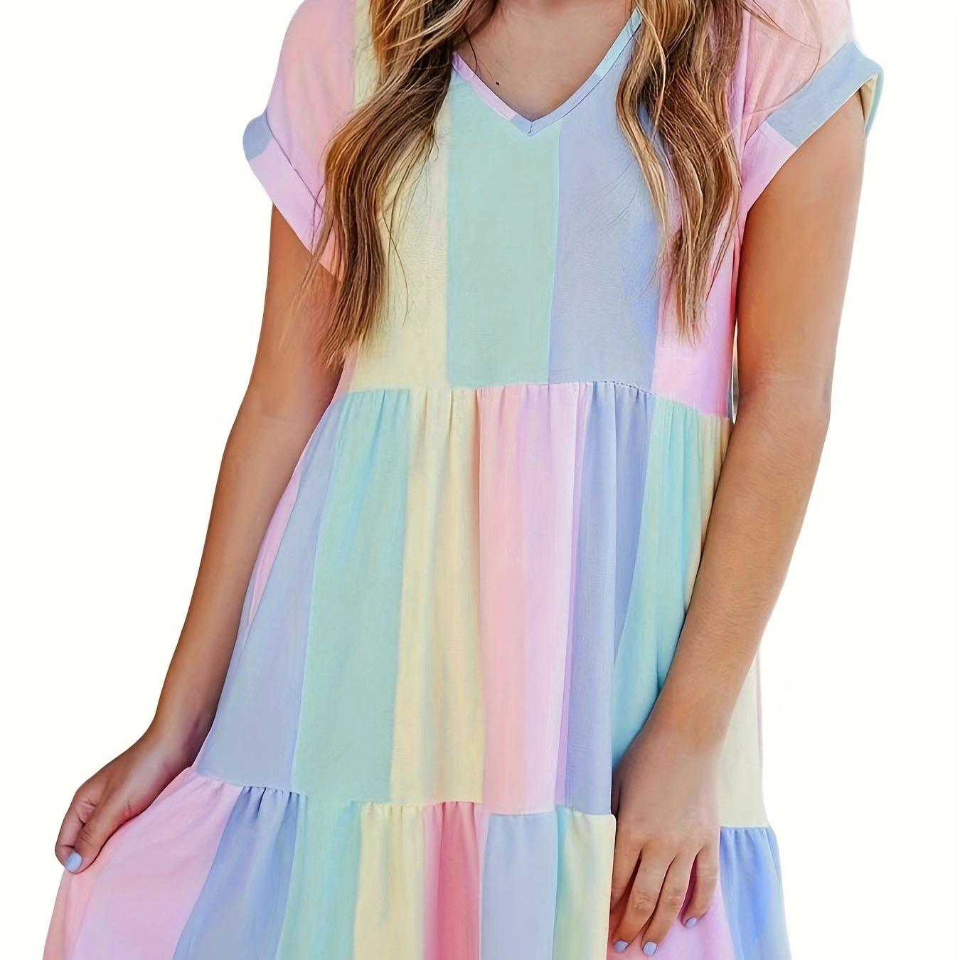 

Новое модное повседневное платье с разноцветными полосками и контрастным принтом, V-образным вырезом и короткими рукавами для женщин XXL