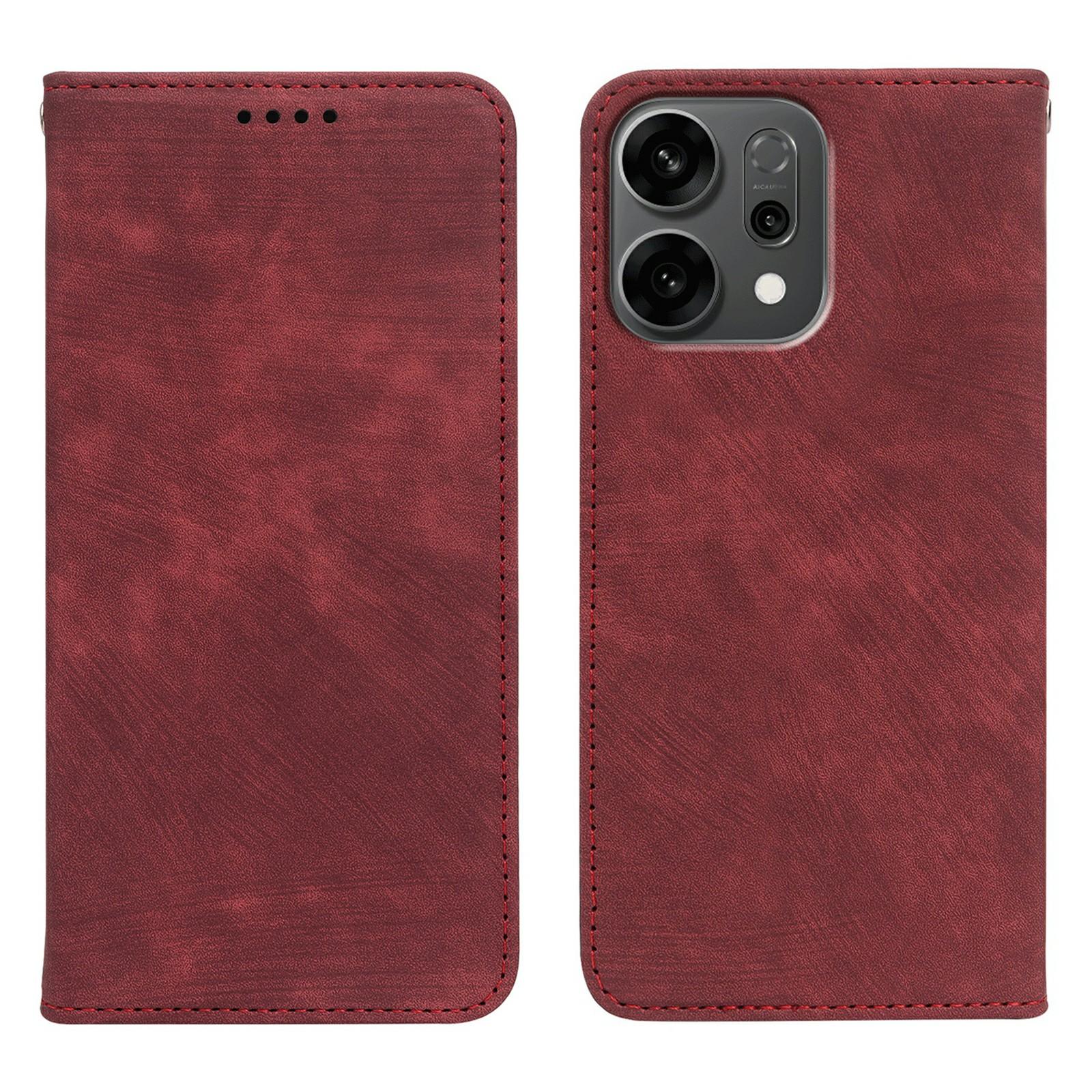

For Oppo Reno14 5G (Global) Case Strong Magnetic Leather Wallet Phone Cover with Striped Texture Red