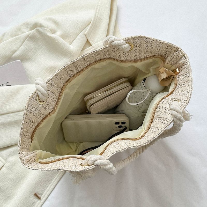 Premium Large Capacity Straw Woven Tote Bag - Stylish Versatile Thick Rope Shoulder Bag