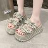2025 New Niche Design Pleated Lace Thick Bottom One-word Drag Cool Slippers for Summer Wear