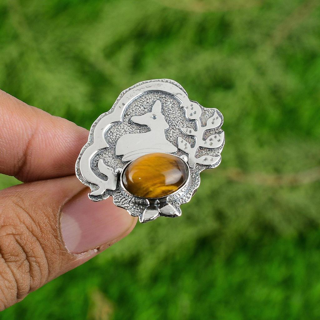Mothers day Deal Sterling Silver Natural Tigers Eye Statement Boho Ring Jewelry