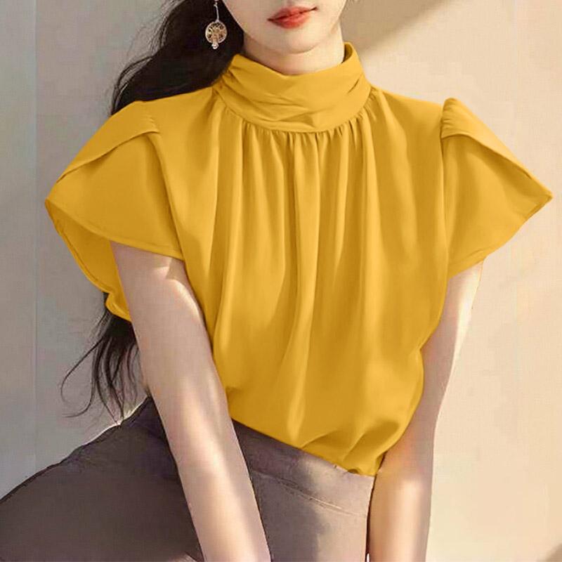 

ZANZEA Женская повседневная блузка с воротником-стойкой, коротким рукавом-лепестком, свободного кроя, летняя 5XL жёлтый