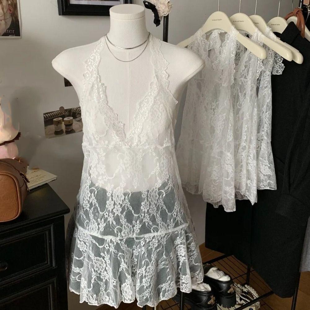 V-neck Lace-up Short Skirts Transparent Dresses Women Fashion Lace Halter Dress For Girls