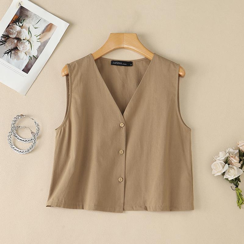 ZANZEA Women Casual V-Neck Solid Color Loose Sleeveless Cotton Tank Tops