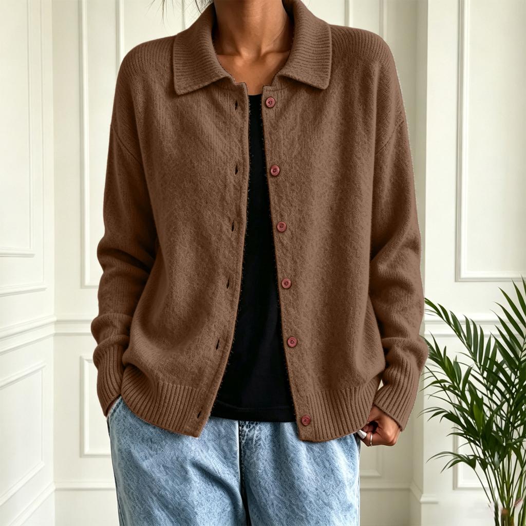 Women's Color Knit Cardigan Sweater with Long Sleeve and Button Lapel