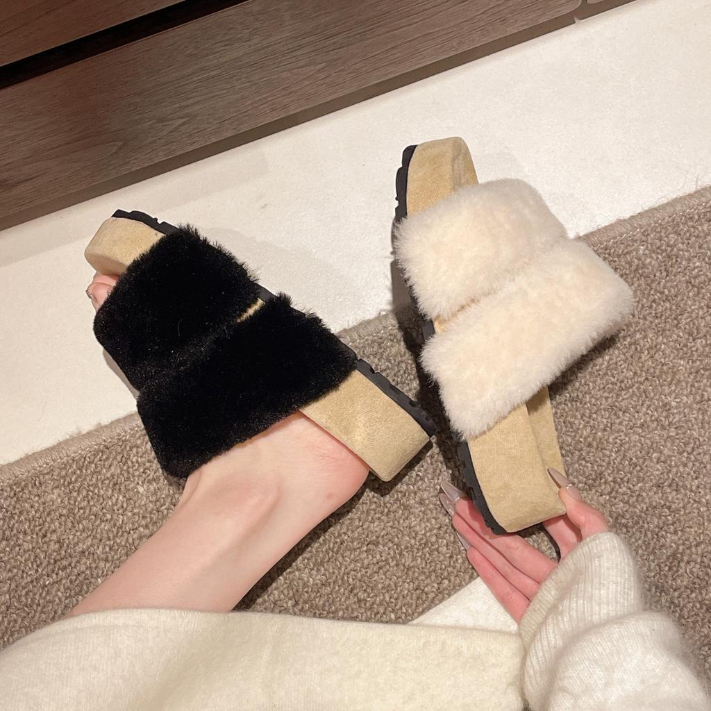French retro fluffy slippers for women to wear in the spring and autumn of 2025, the new lamb wool thick-soled one-word cotton slippers