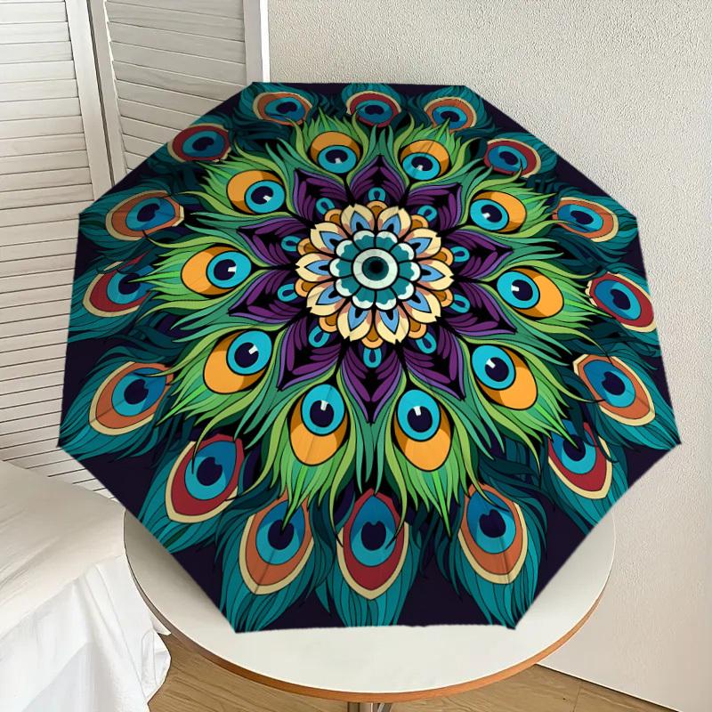 

1pc Peacock Feather Mandala Design Umbrella with Plastic Handle,Suitable for All Seasons Home Travel Outdoor UmbrellaDD1082