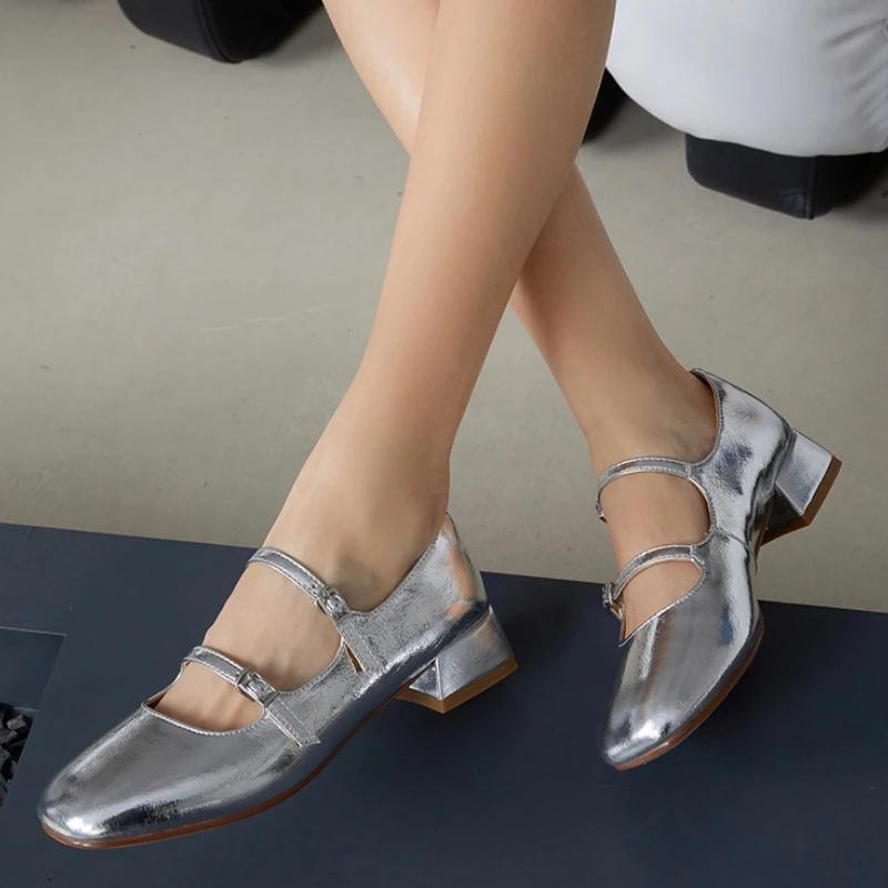 New Women Shoes Retro Thick Heeled Ballet Shoes for Women Medium Heeled Mary Jane Single Shoes Zapatos De Mujer
