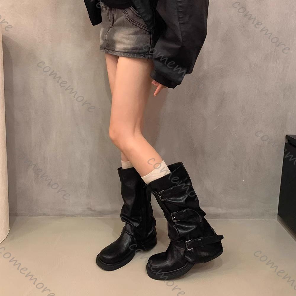 Fashion Comemore New Round Toe Belt Buckle Women Boots Fashionable Thick Sole Mid Calf Botas Autumn Black Patent Leather Women Shoes