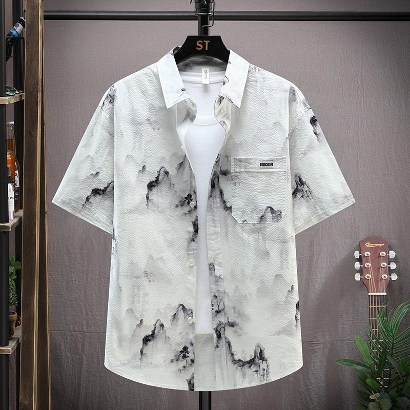Summer Men Chinese Style Ink Wash Print Shirt Casual Short Sleeve Top