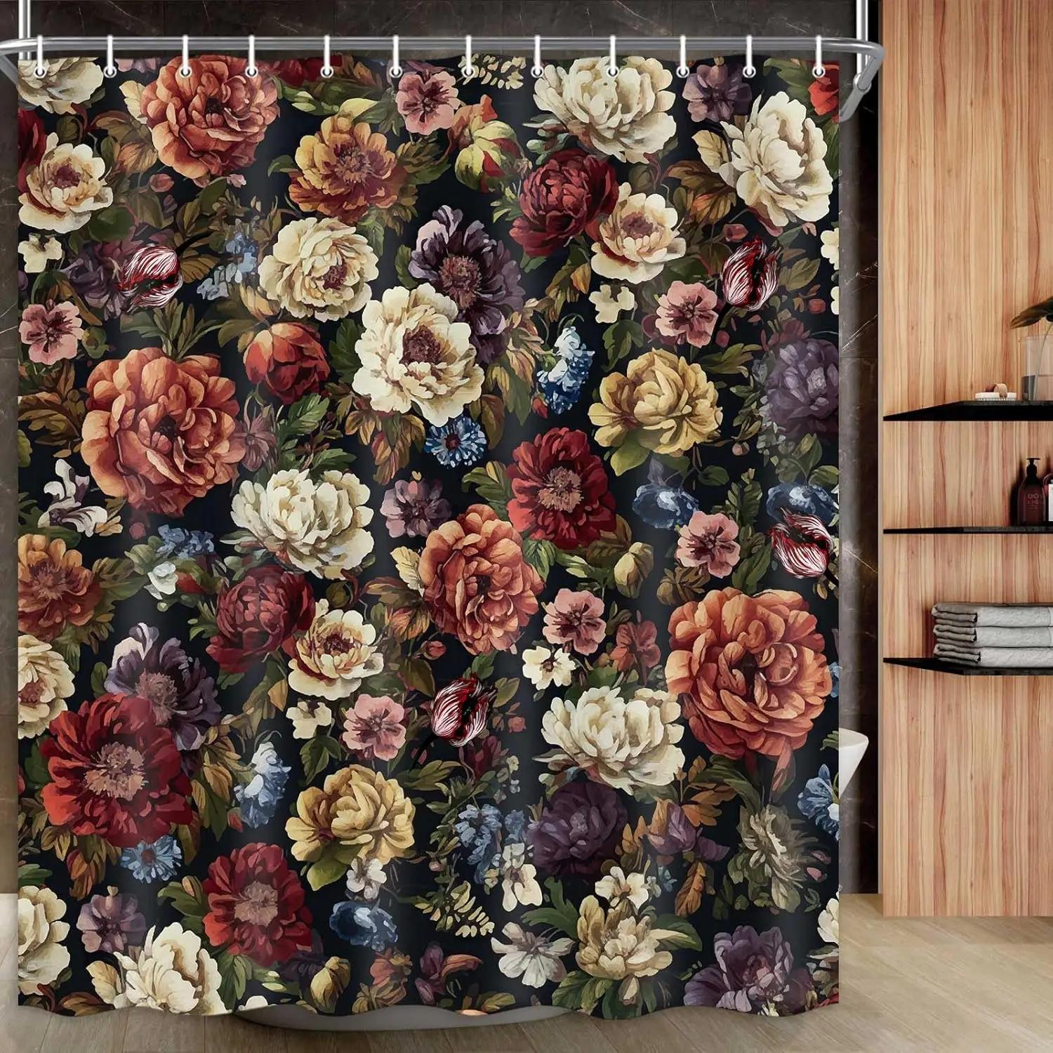 

Bohemian Style Vintage Floral Shower Curtain Red Floral Plants Bathroom Shower Curtain, Bathroom Decoration 180X180Cm W60H190(CM)-1 Pcs