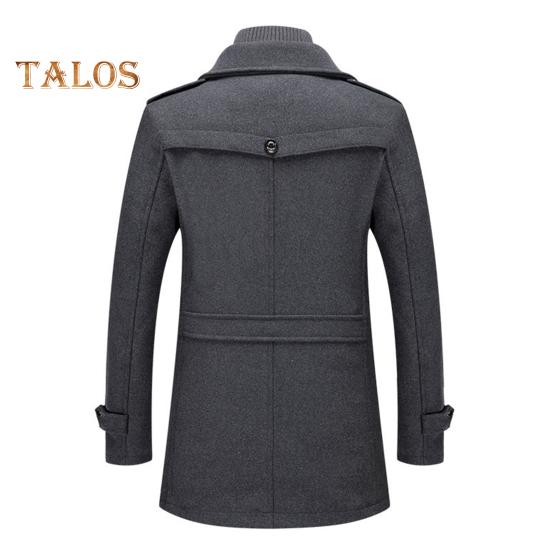 Men Woolen Coat Double Stand Collar Long Sleeve Single-Breasted Solid Color Jacket with Pockets Autumn Winter Mid-length Outwear