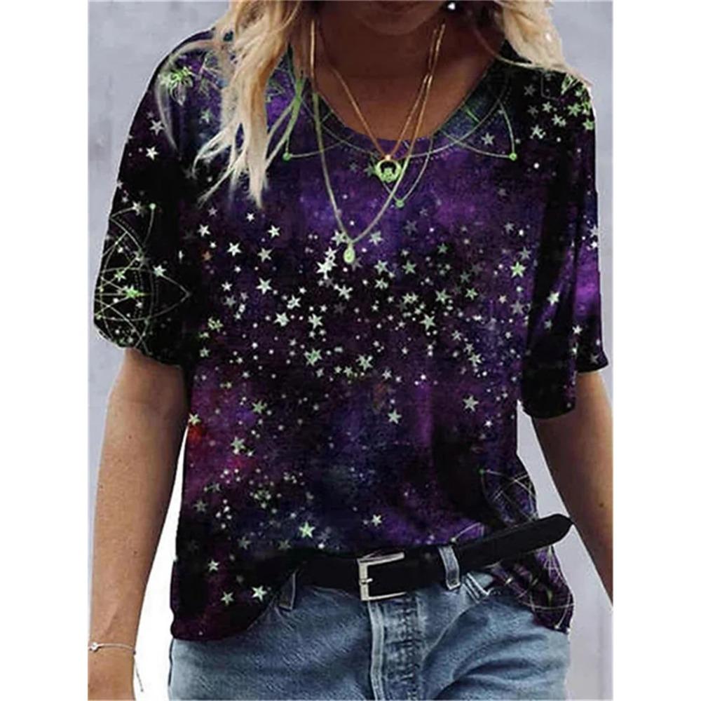 

Женская летняя модная футболка со звездами и принтом Galaxy O-образным вырезом, женские модные базовые топы, синяя/3D-принт, свободная повседневная рубашка 6XL 5XL