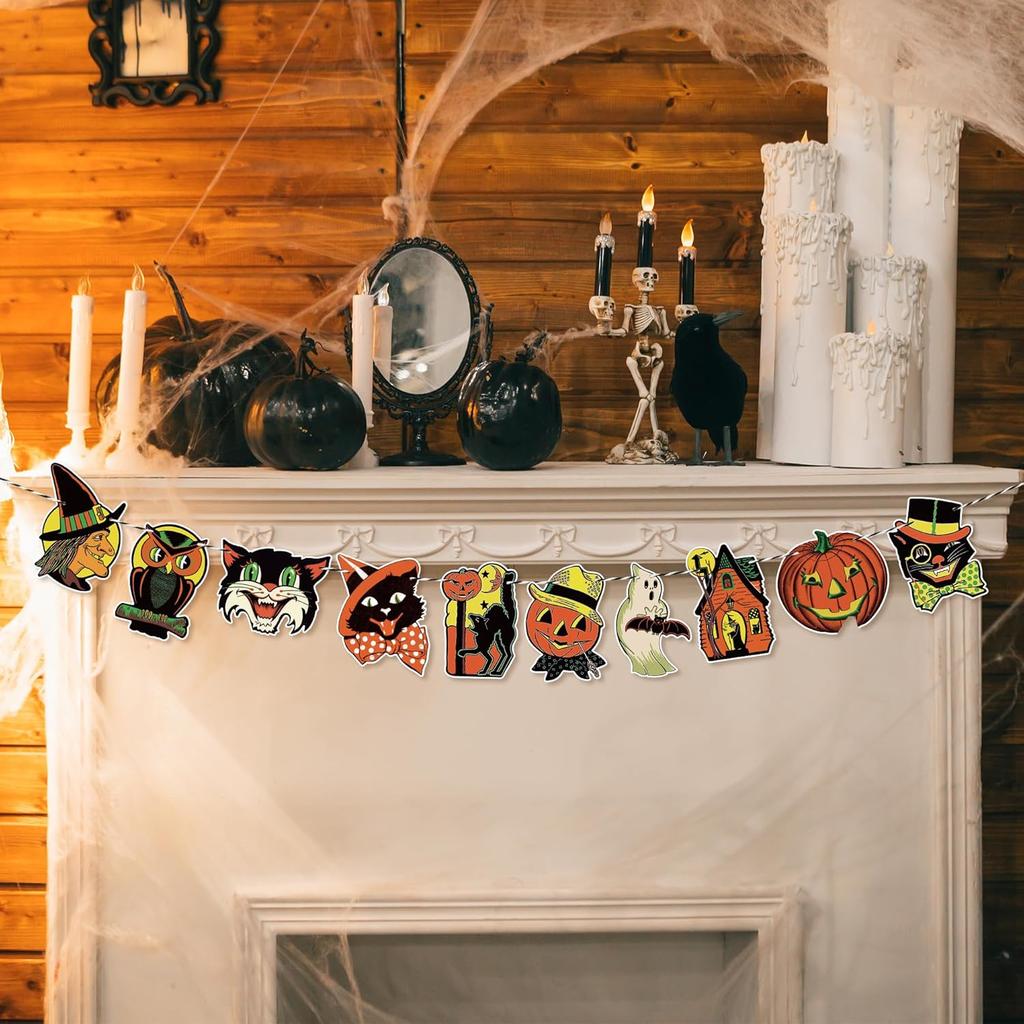 Vintage Halloween Hanging Banner Decoration, Retro Halloween Trick or Treat Cute Pumpkin Witch Ghost Cat Wall Bunting Garland Card Banner Cartoon