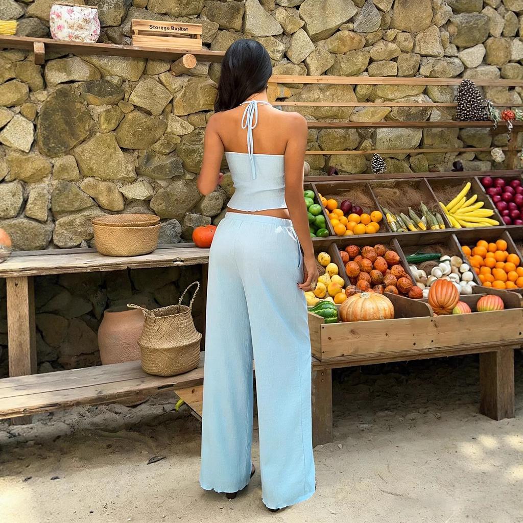 European and American Lazy Vacation Style Set: Light Blue Halter Tie Crop Top Paired with High-waisted Wide-leg Pants Two-piece Set