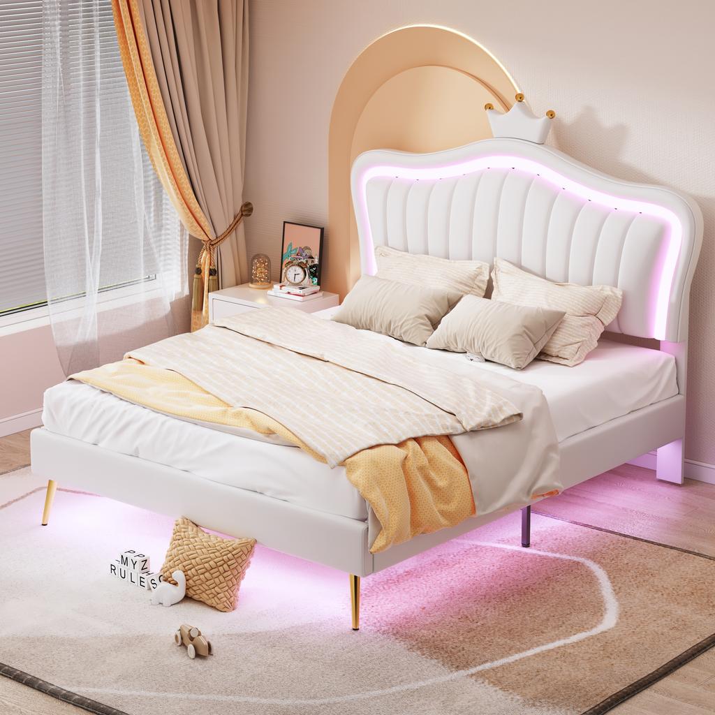 Children's Upholstered Bed 140 x 200 cm, White Crown Double Bed Frame made of PU Leather with LED Lights, Slat Frame, Backrest (Mattress not included)