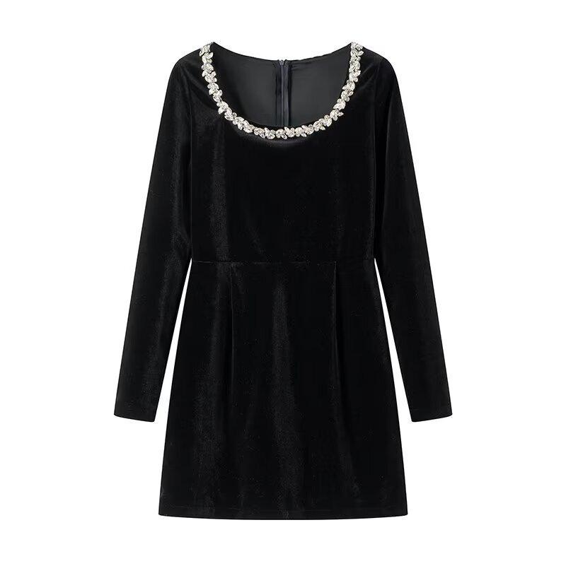 

Women s Elegant Beaded Velvet Square Neck Rhinestone Long Sleeve Dress – Winter Formal/ New Year’s Dress Small