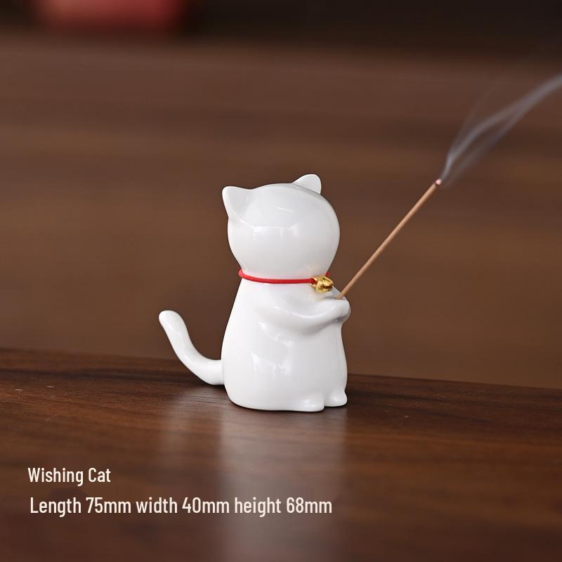 Ceramic Kitten Incense Holder & Pen Rest - Cute Cat Teapot Lid & Table Decor