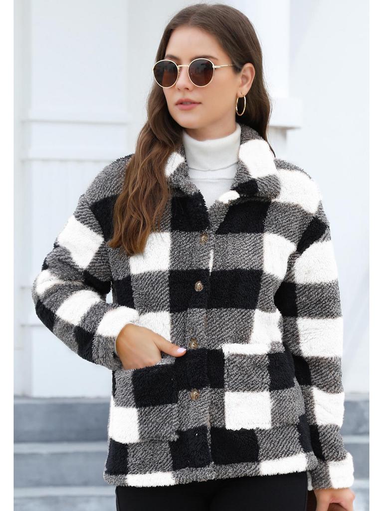 Karierter Plüschmantel mit langen Ärmeln und aufgesetzten Taschen - Europäische & Amerikanische Wintermode