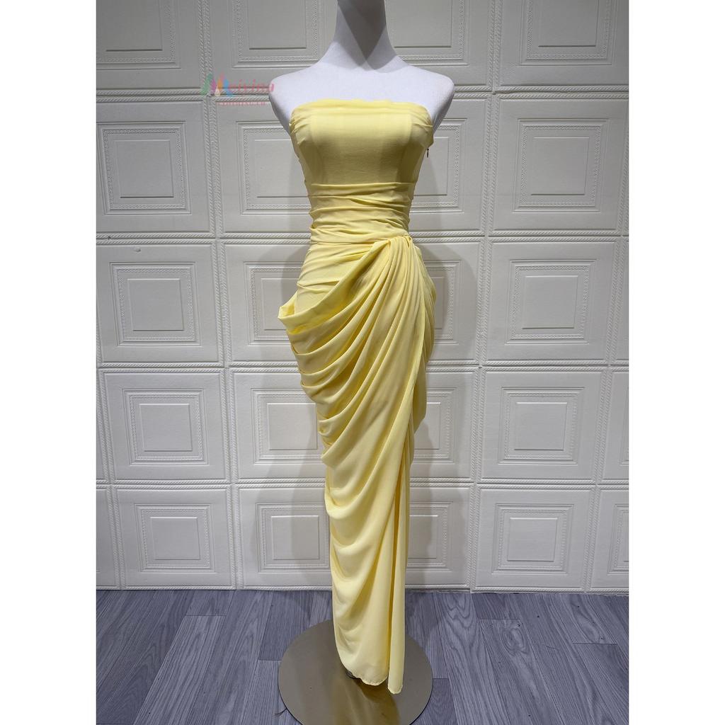 Damen Trägerloses Raffung Schlitz Maxikleid, Sexy Figurbetontes Abendparty Langes Kleid, Europäischer Amerikanischer Stil Formelles Cocktailkleid