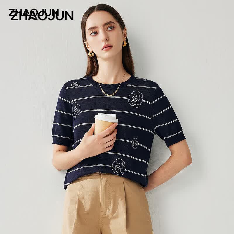 Women s Mulberry Silk Blend Rose Jacquard Striped Knit Top 2XL темно-синий