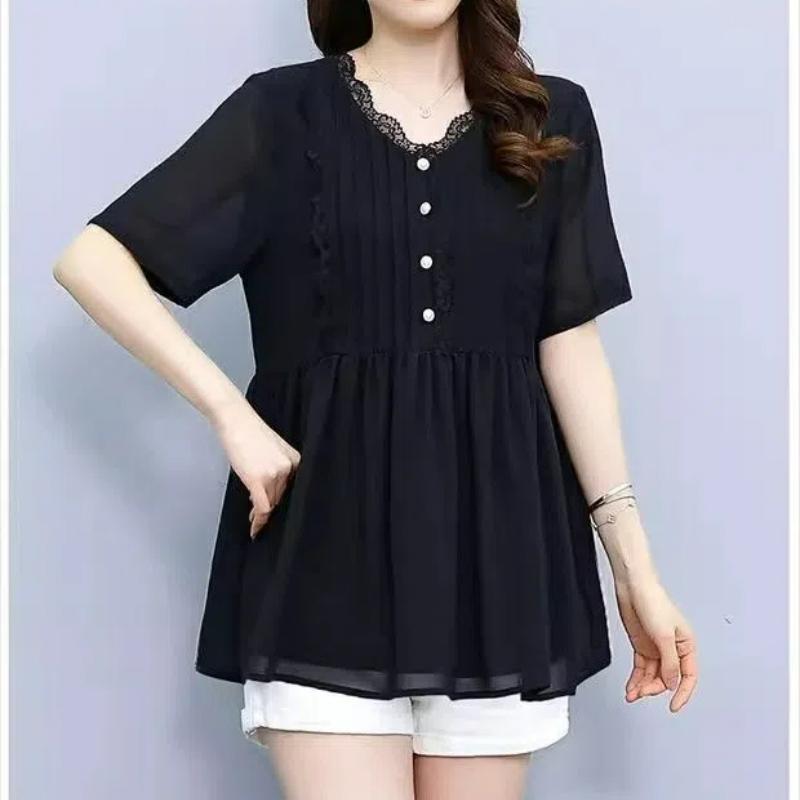 Women Stylish Ruffled Lace Patchwork Elegant Shirt Summer V Neck Short Sleeve Chiffon Blouse Black Loose Chic Tops Casual Blusas