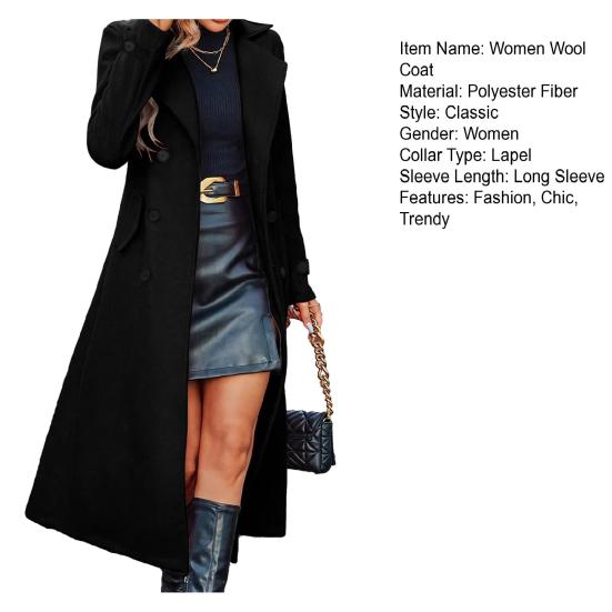 Damen Langer Wollmantel Zweireihiger Caban Klassisches Revers Trenchcoat Lässiger Herbst Winter Übermantel