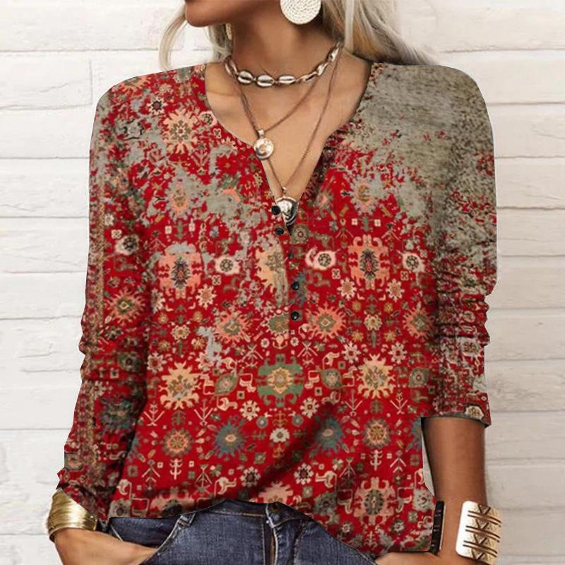 Herbstknöpfe Halboffener Kragen Ethno Bohemian Mittellang bis Lang T-Shirt Damen Langarm Übergröße Top