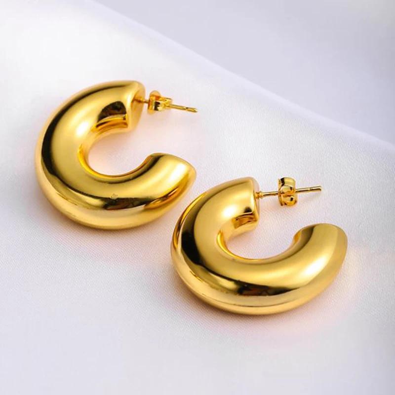 New Retro Stainless Steel Chunky C Shape Hoop Earrings Glossy Gold Plated PVD Circle Round Tube Huggie Hoops Stacked Ear Jewelry