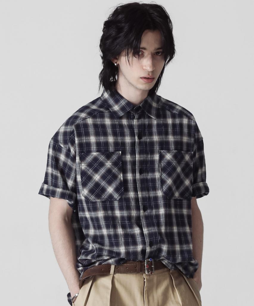 STAGE NAME Bridge Over Vintage Check Short Sleeve Shirt_Navy