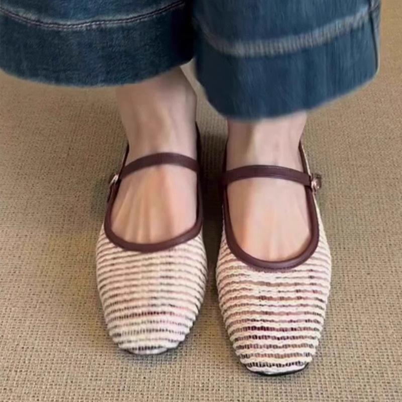 French Hollow Woven Flat Mary Jane Women's Shoes 2025 New Retro Versatile One-word Belt Ballet Shoes