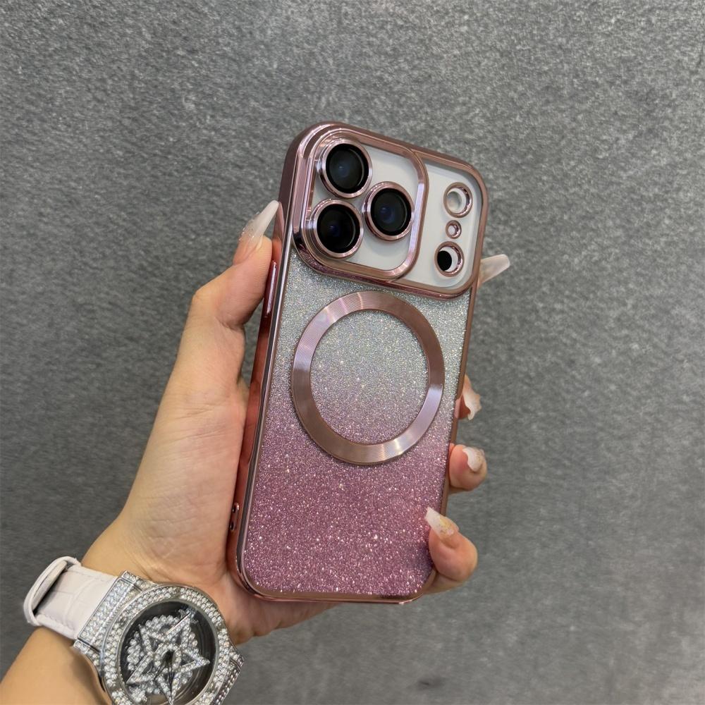 

Роскошный гальванизированный чехол-протектор для линз с блестками для iPhone 16 15 14 13 12 17 Pro Max, беспроводной магнитный чехол MagSafe для 17 Air iPhone17 Pro Max розовый