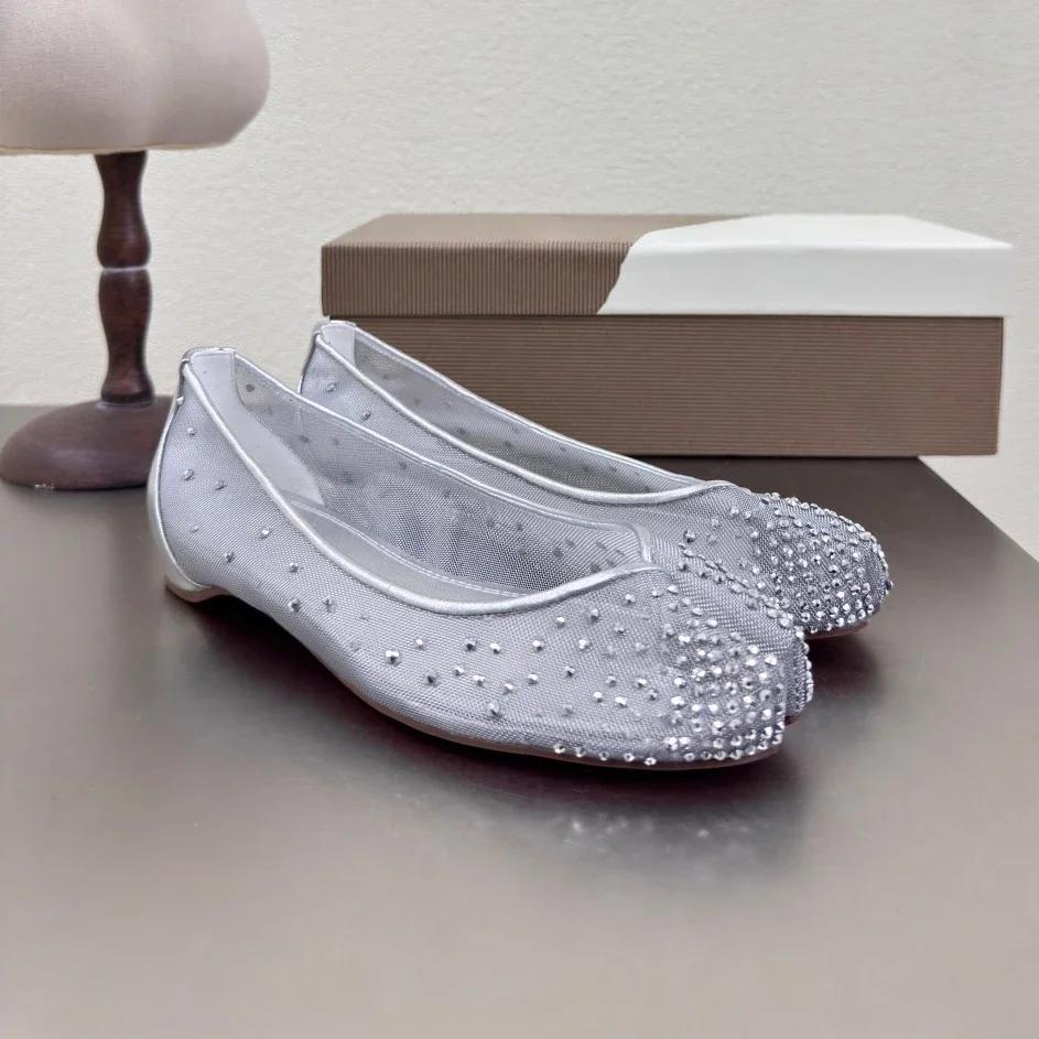 Summer Handmade BlingBling Crystal Splite-Toe Woman Flats Ballet Dance Shoes Mary Janes Mules Girls Tabi Mesh Breathable Loafers