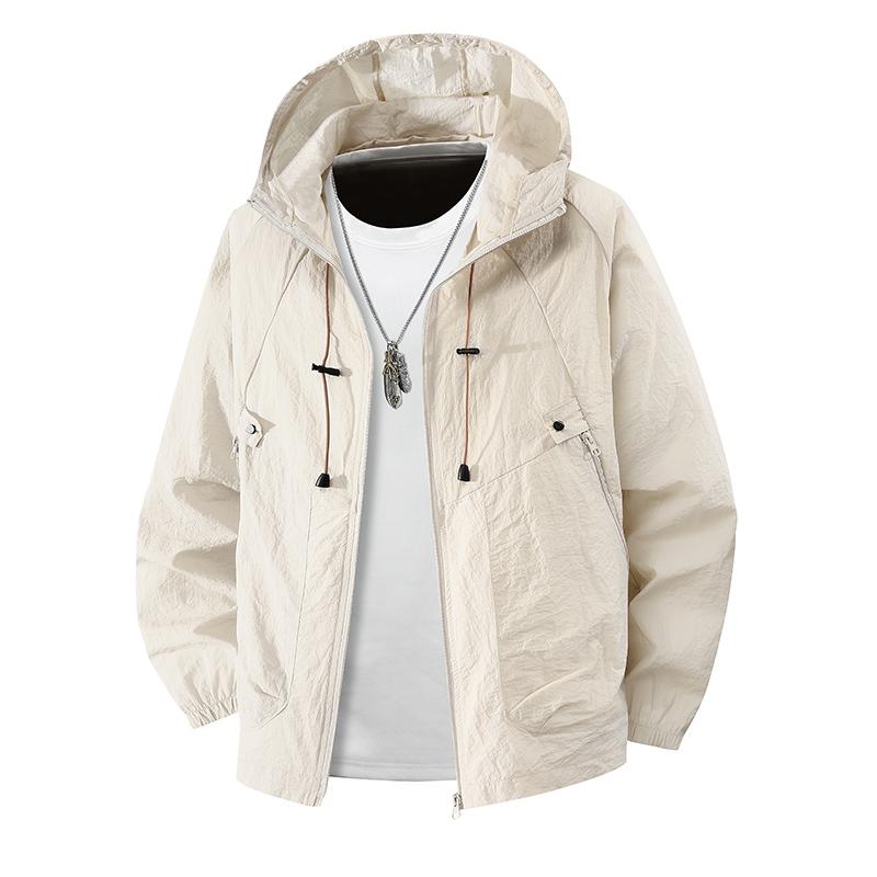 

Spring Autumn Solid Color Loose Casual Zipper Coat Male Sunscreen All-match Hooded Jacket Cardigan Top Men L хаки