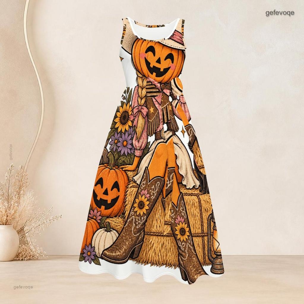 Women Plus Size White Round Neck Sleeveless Halloween Panda Ghost Printed Tie Waist A Line Dress