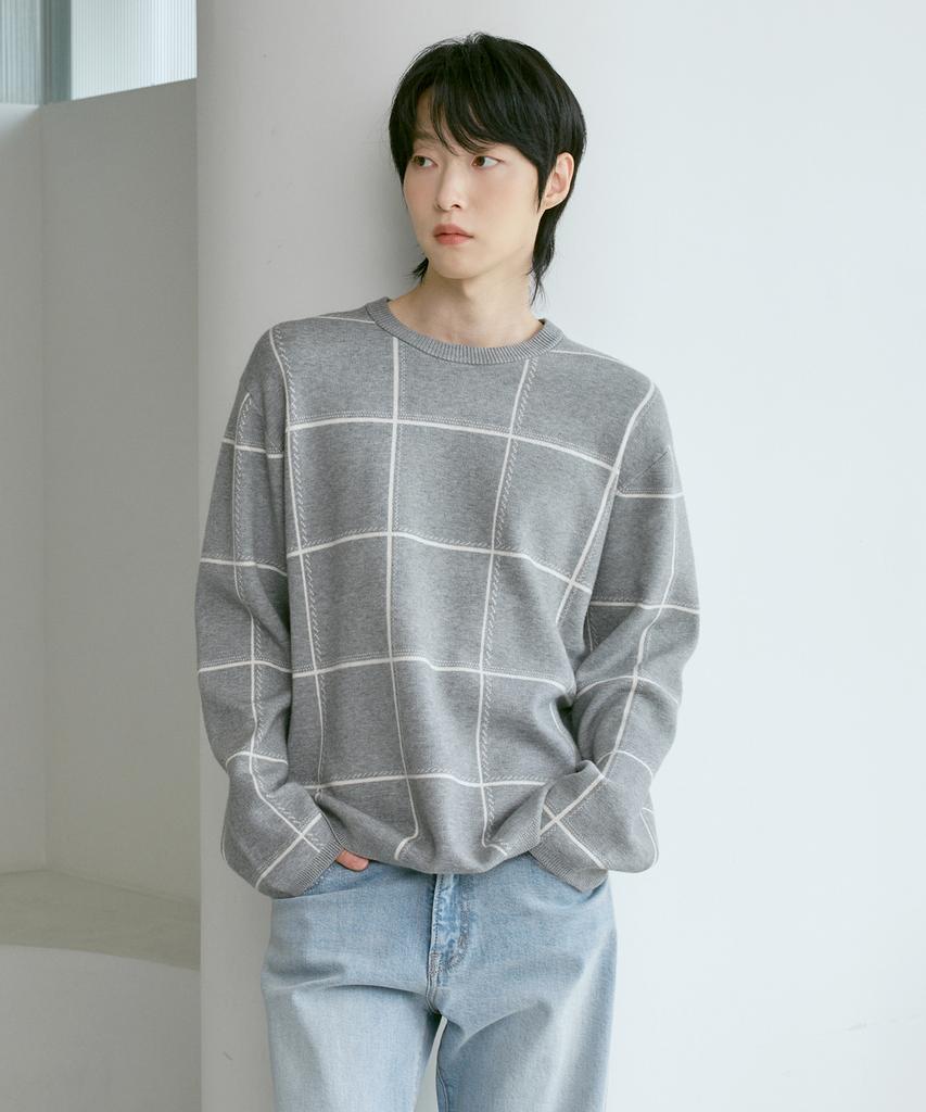 210EDIT Birdseye Soft & Chewy Round Big Check Knit [Check Gray]_Zf4Sw071