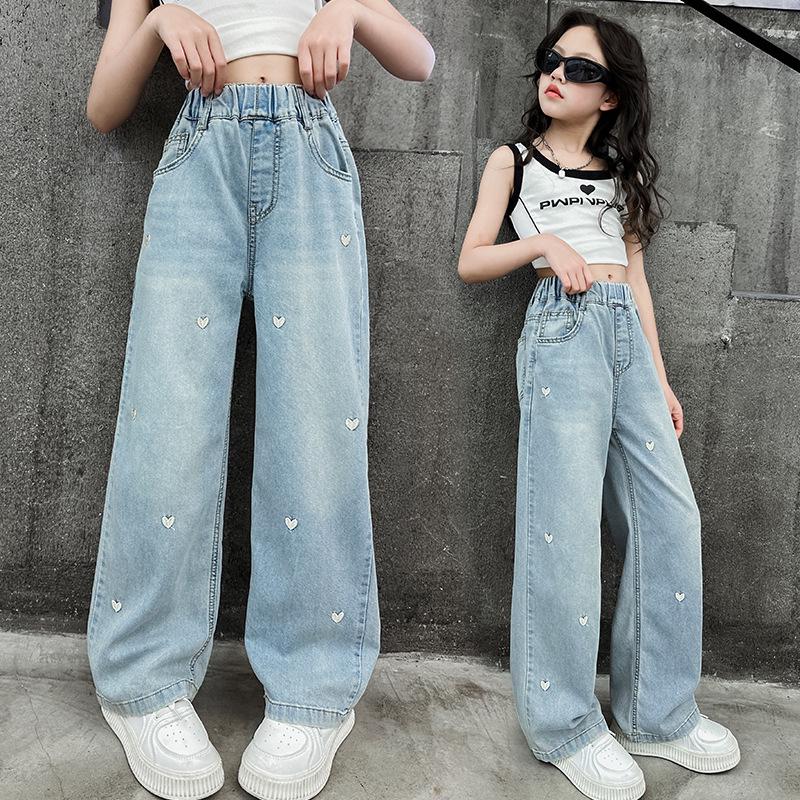 Girls' Trendy Spring 2025 Loose Wide-Leg Jeans - Casual, Straight-Leg Style for Middle and Big Kids