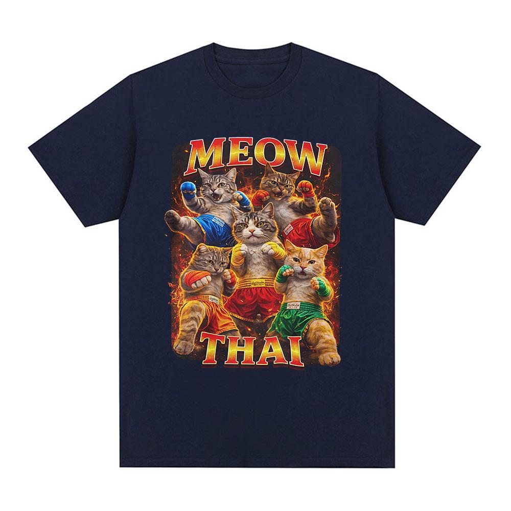Meow Thai T-Shirt Muay Thai Katze Meme Ironisch Kampfsport Katze T-Shirts Herren Damen Sommer Mode Kurzarm Baumwolle T-Shirts