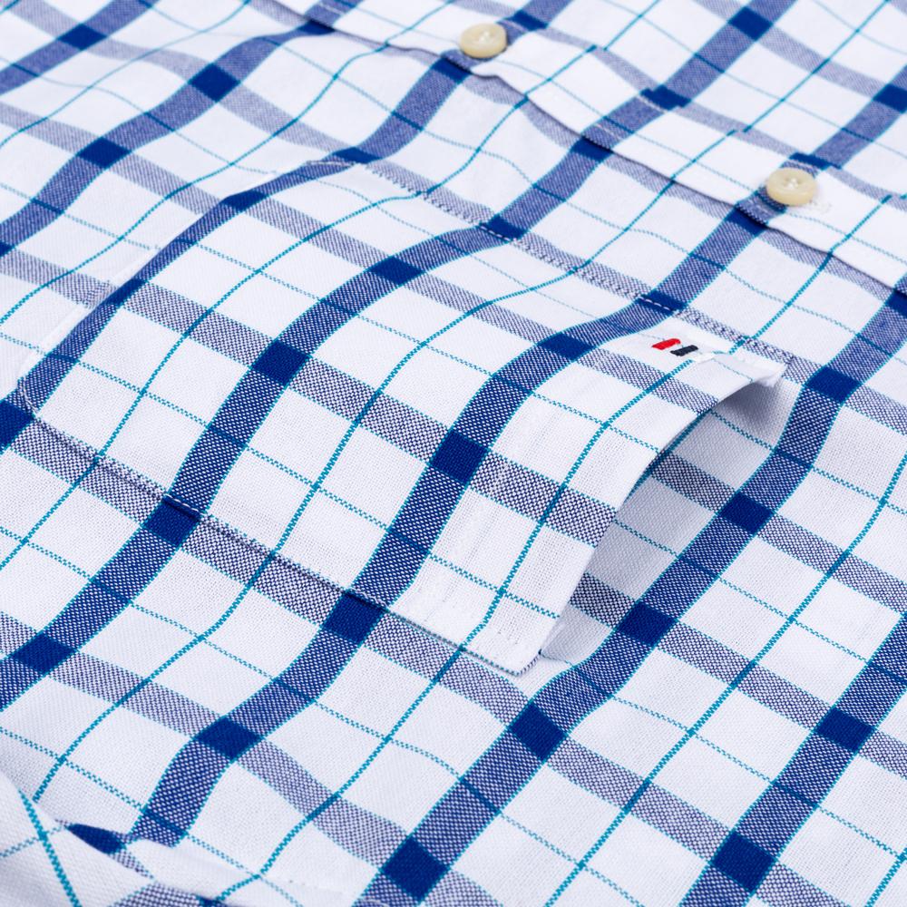 Herren 100% Baumwolle Mehrfarbig Kariert Oxford Hemden Kurzarm Regular Fit Kragen Freizeit Button-Down-Hemd mit Tasche